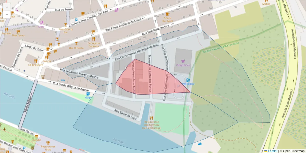 Mapa detalhado do código postal 8800-674 com limites, códigos postais vizinhos e agências dos correios