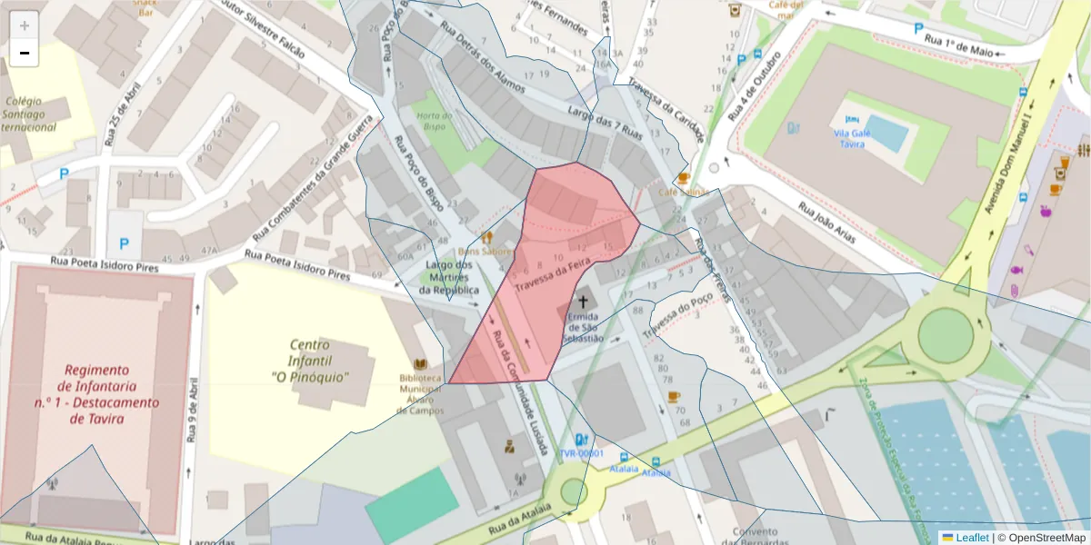 Mapa detalhado do código postal 8800-709 com limites, códigos postais vizinhos e agências dos correios