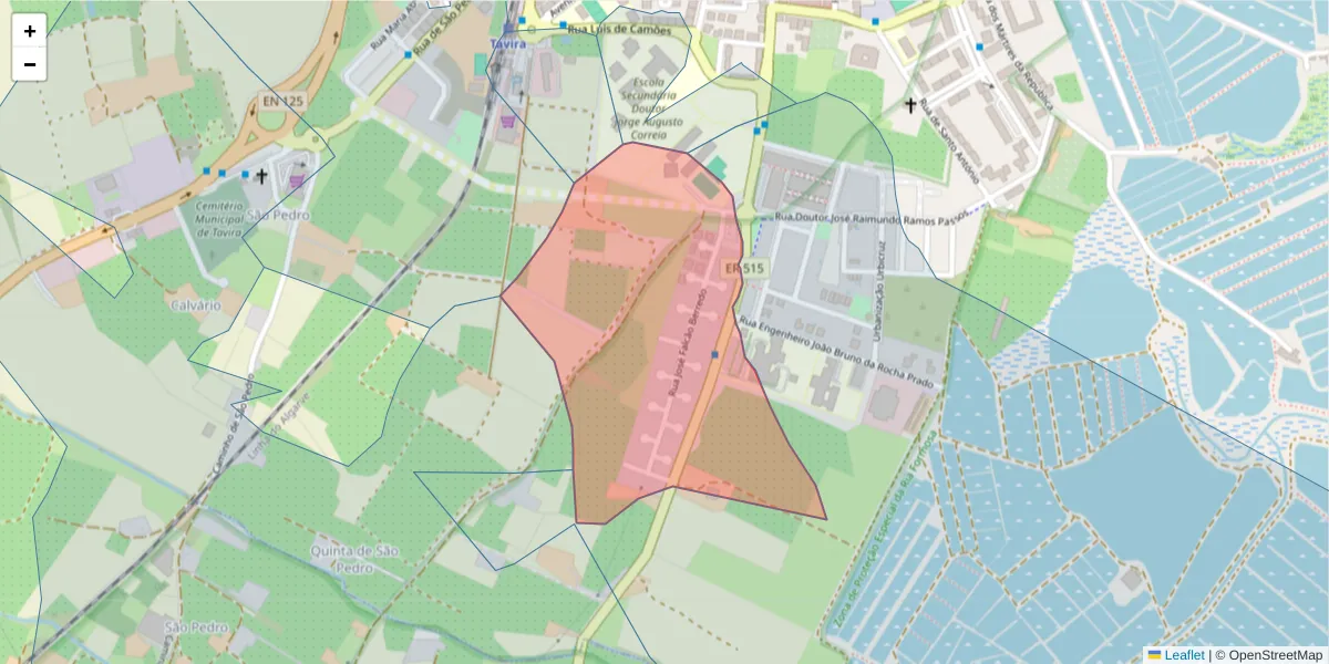 Mapa detalhado do código postal 8800-728 com limites, códigos postais vizinhos e agências dos correios