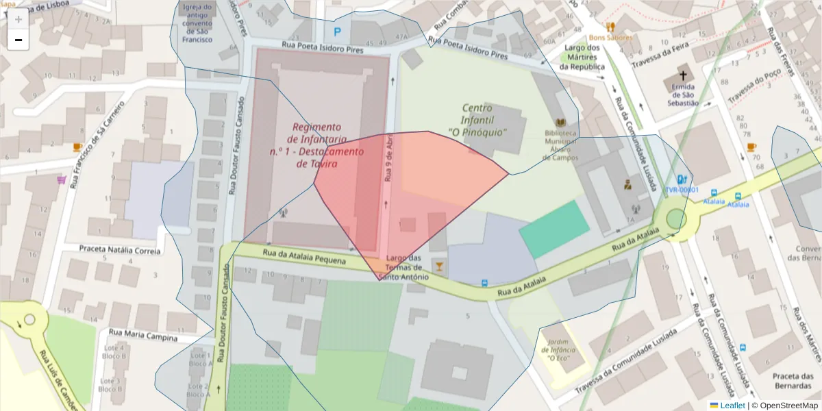 Mapa detalhado do código postal 8800-733 com limites, códigos postais vizinhos e agências dos correios