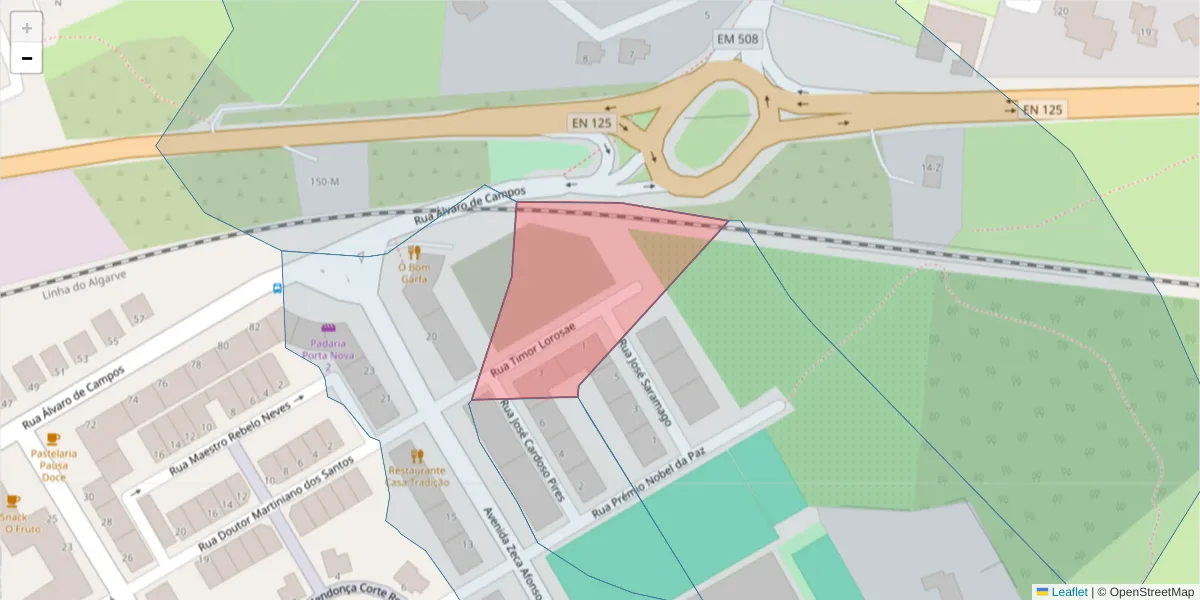 Mapa detalhado do código postal 8800-734 com limites, códigos postais vizinhos e agências dos correios