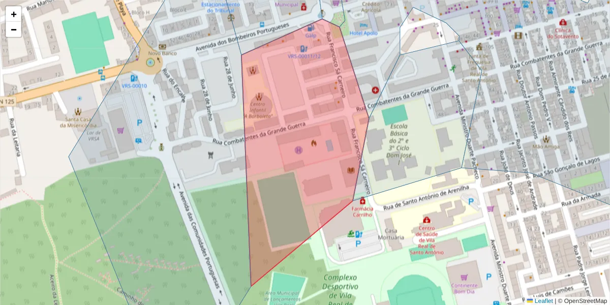 Mapa detalhado do código postal 8900-000 com limites, códigos postais vizinhos e agências dos correios