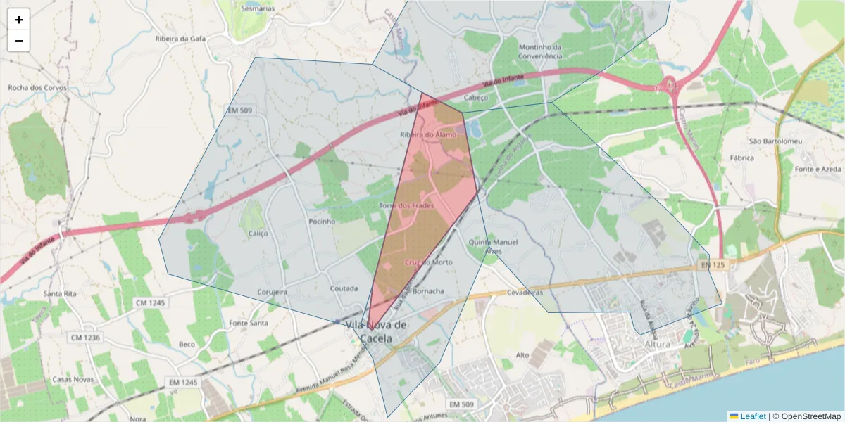 Mapa detalhado do código postal 8900-054 com limites, códigos postais vizinhos e agências dos correios