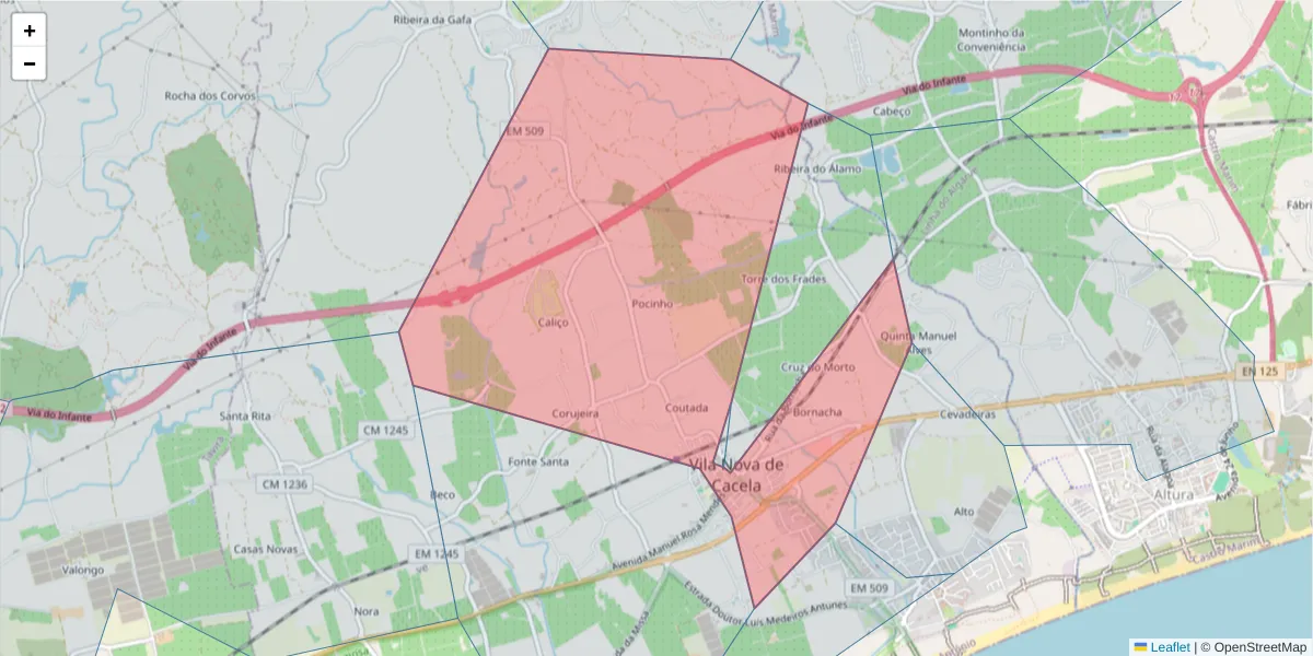 Mapa detalhado do código postal 8900-067 com limites, códigos postais vizinhos e agências dos correios