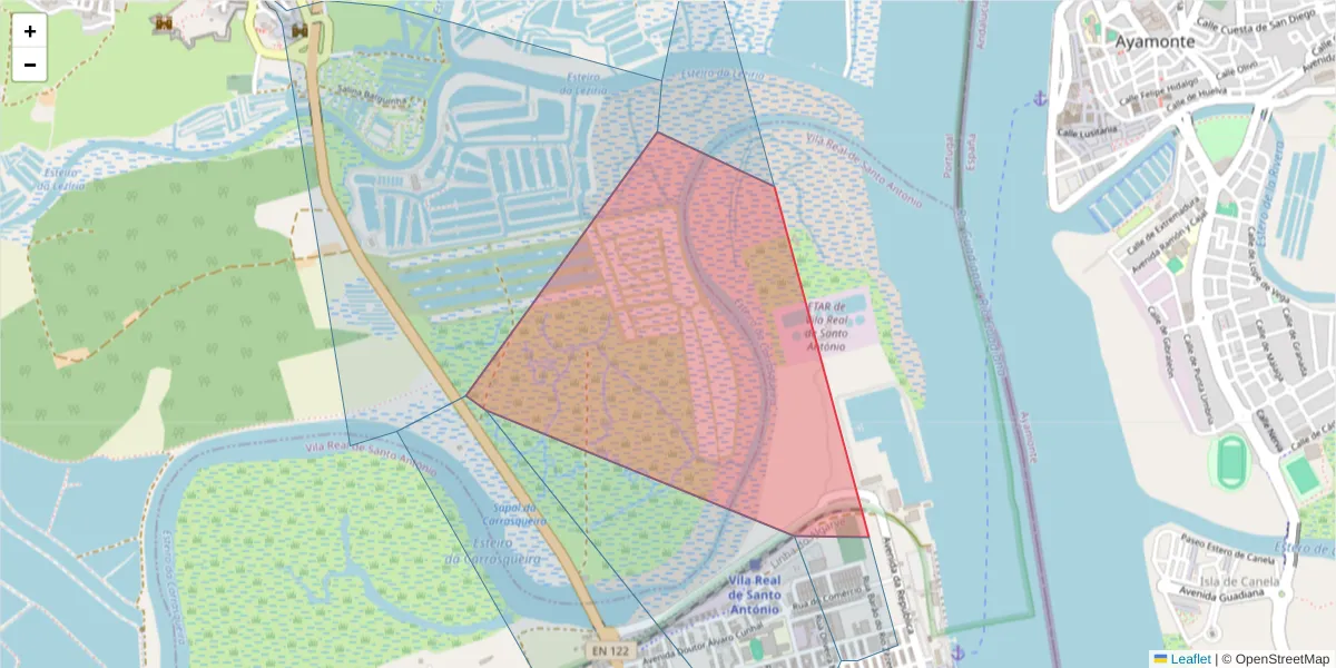 Mapa detalhado do código postal 8900-102 com limites, códigos postais vizinhos e agências dos correios