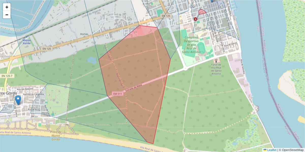 Mapa detalhado do código postal 8900-211 com limites, códigos postais vizinhos e agências dos correios