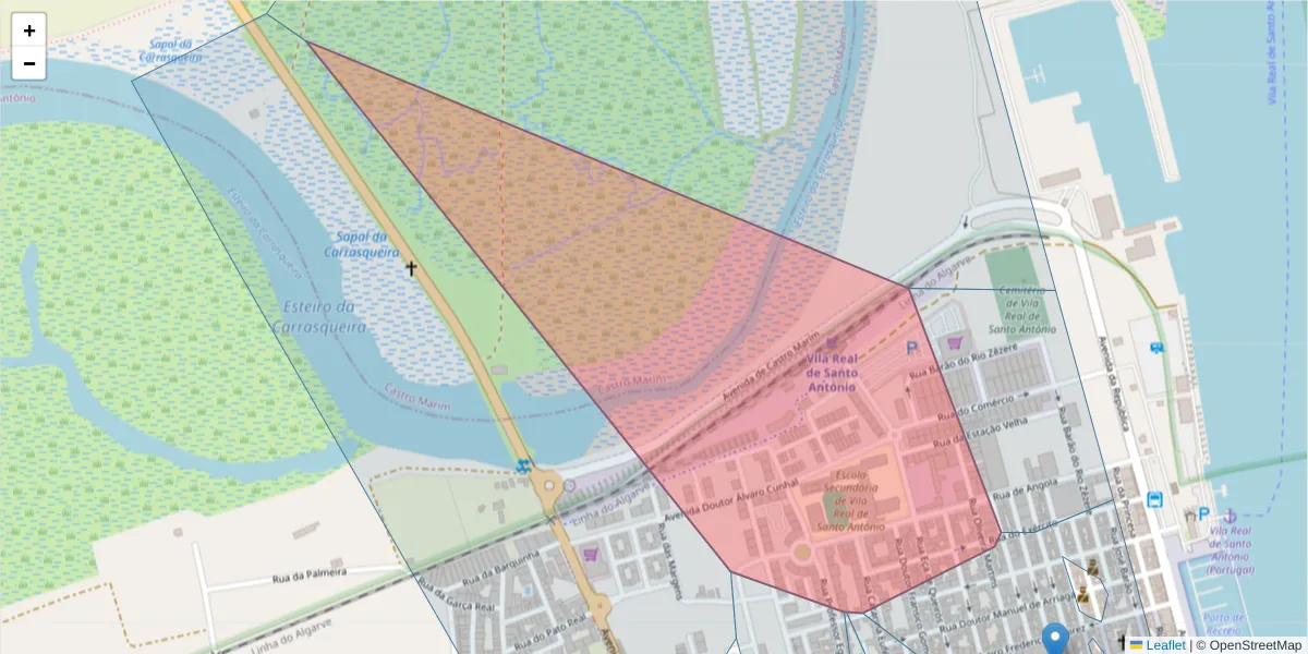 Mapa detalhado do código postal 8900-271 Vila Real Santo António com limites, códigos postais vizinhos e agências dos correios