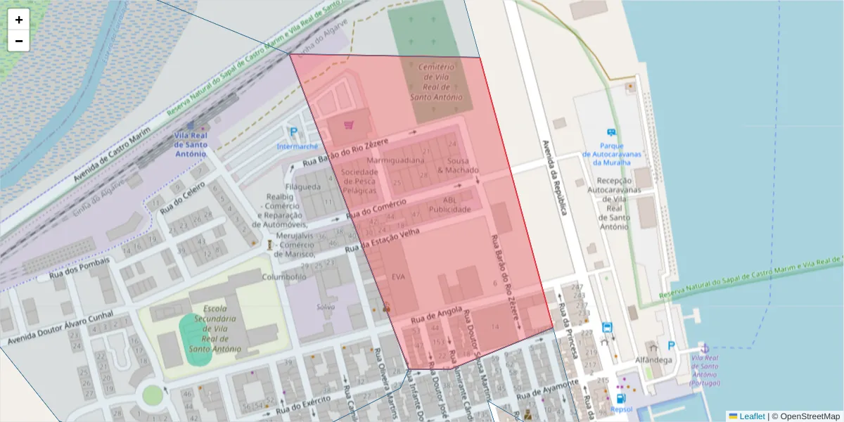 Mapa detalhado do código postal 8900-271 com limites, códigos postais vizinhos e agências dos correios