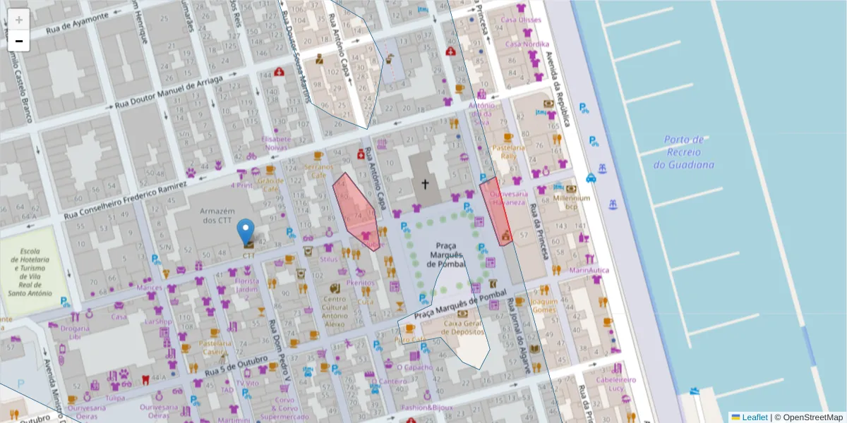 Mapa detalhado do código postal 8900-303 com limites, códigos postais vizinhos e agências dos correios