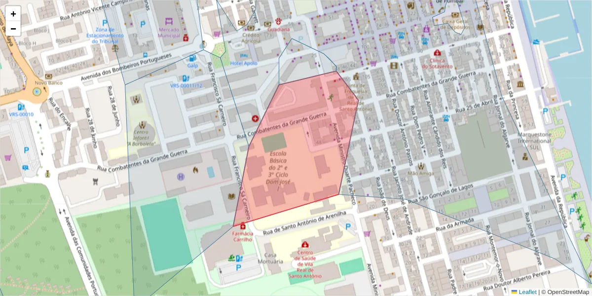 Mapa detalhado do código postal 8900-330 com limites, códigos postais vizinhos e agências dos correios