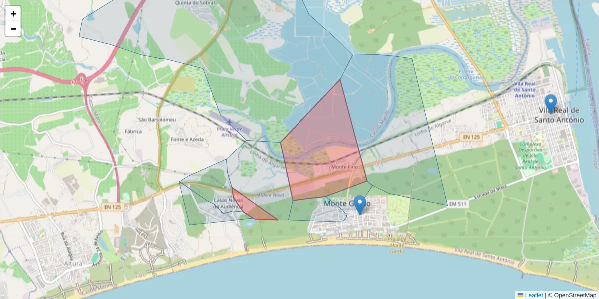 Mapa detalhado do código postal 8900-401 com limites, códigos postais vizinhos e agências dos correios