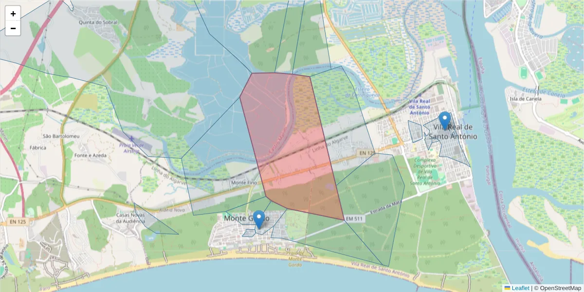 Mapa detalhado do código postal 8900-406 com limites, códigos postais vizinhos e agências dos correios