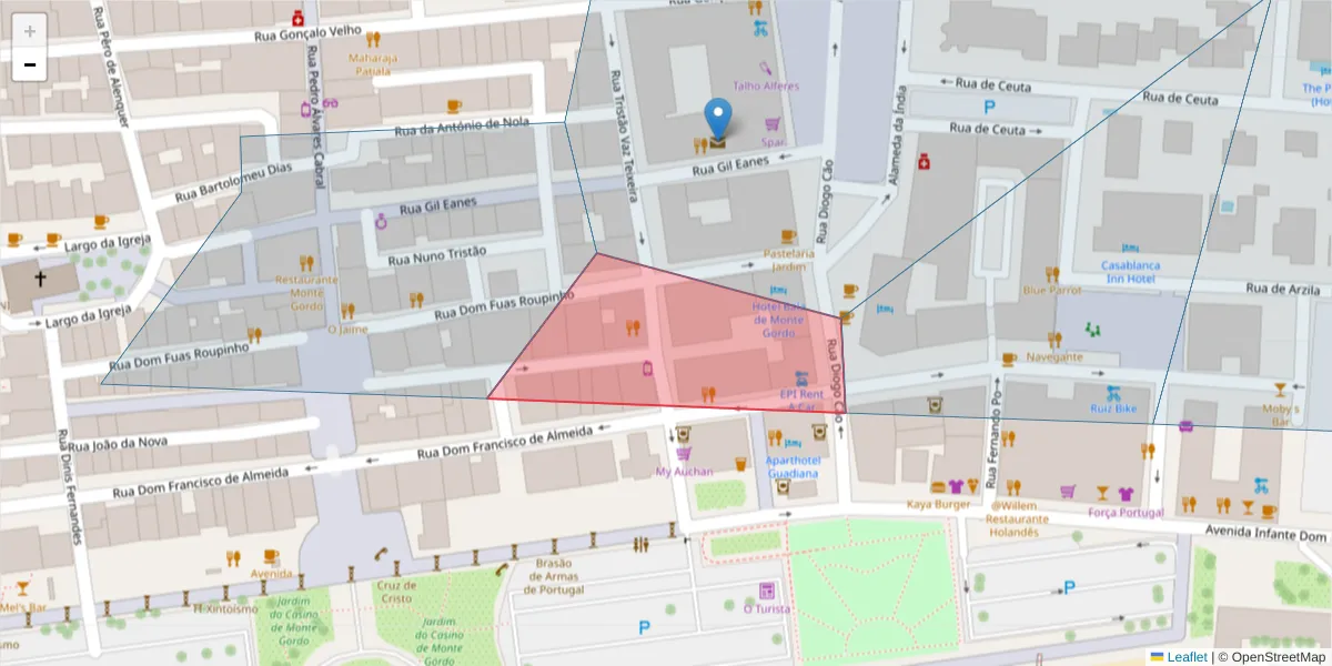 Mapa detalhado do código postal 8900-413 com limites, códigos postais vizinhos e agências dos correios