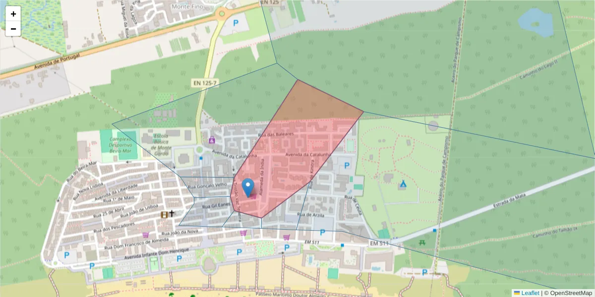Mapa detalhado do código postal 8900-457 com limites, códigos postais vizinhos e agências dos correios