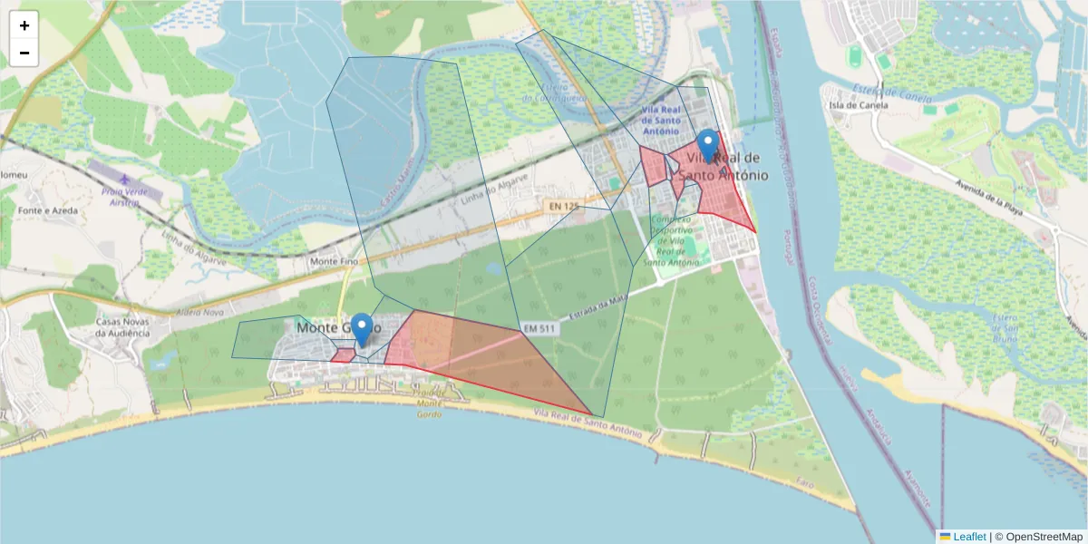 Mapa detalhado do código postal 8900 com limites, códigos postais vizinhos e agências dos correios