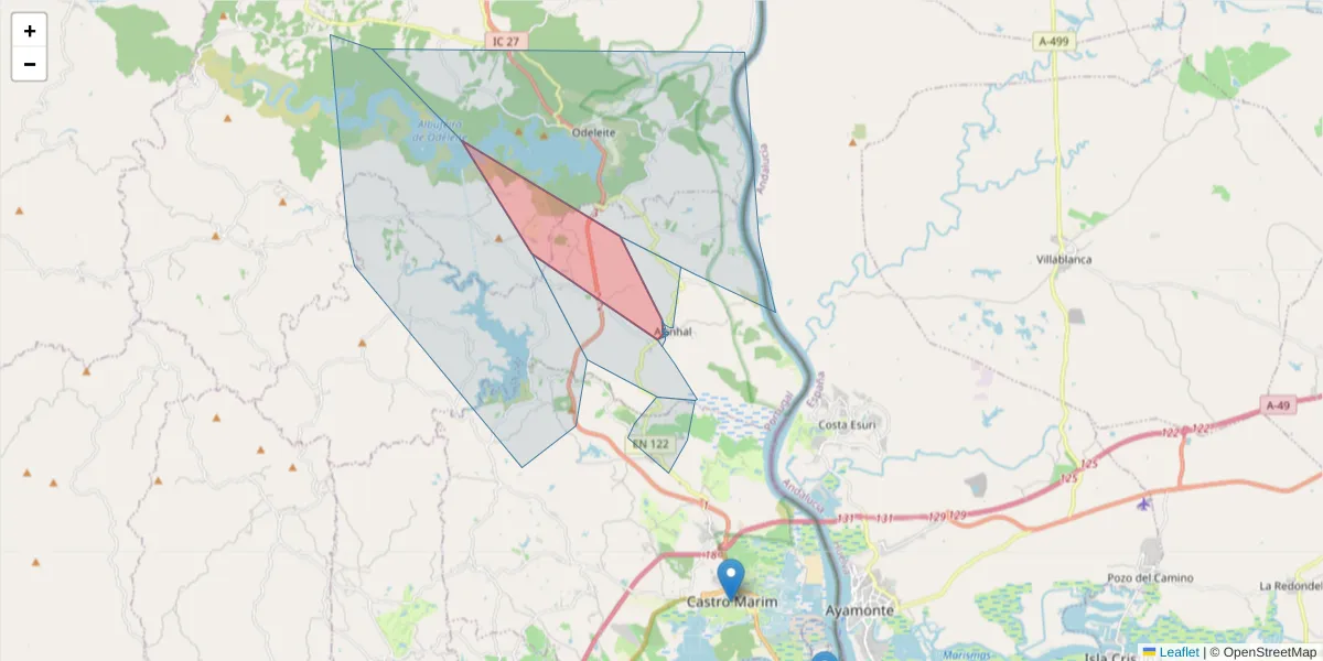 Mapa detalhado do código postal 8950-027 com limites, códigos postais vizinhos e agências dos correios