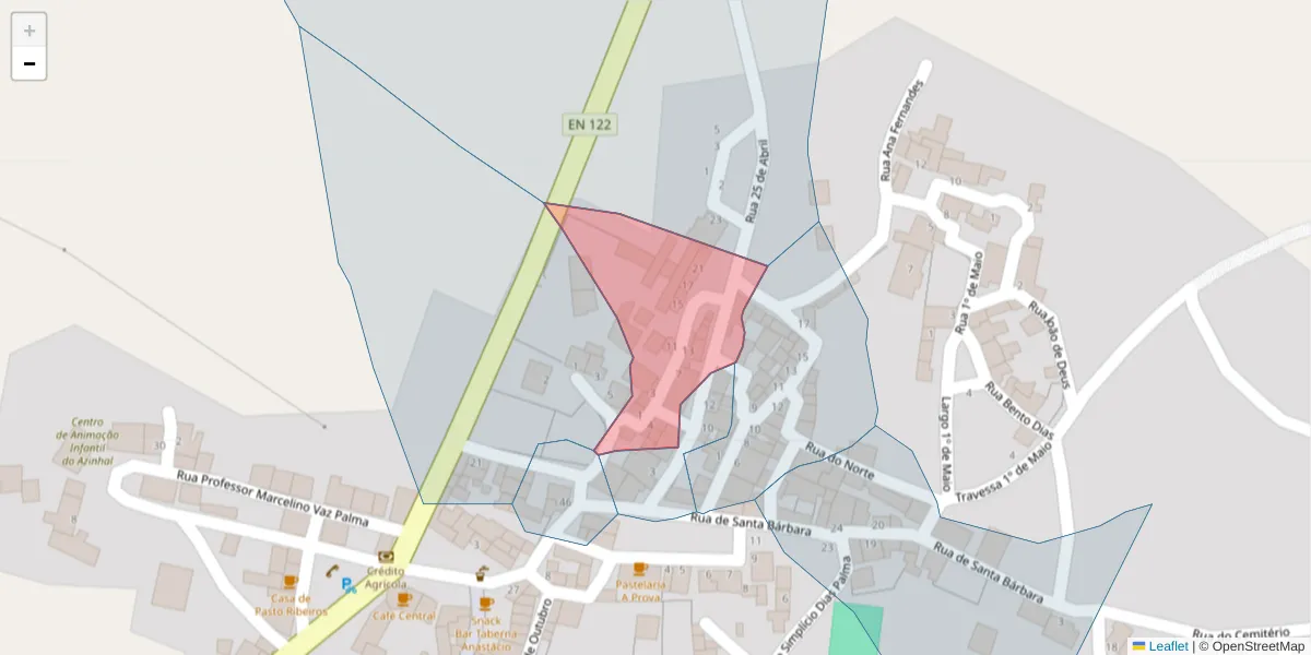 Mapa detalhado do código postal 8950-040 com limites, códigos postais vizinhos e agências dos correios