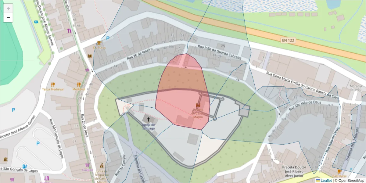 Mapa detalhado do código postal 8950-124 com limites, códigos postais vizinhos e agências dos correios