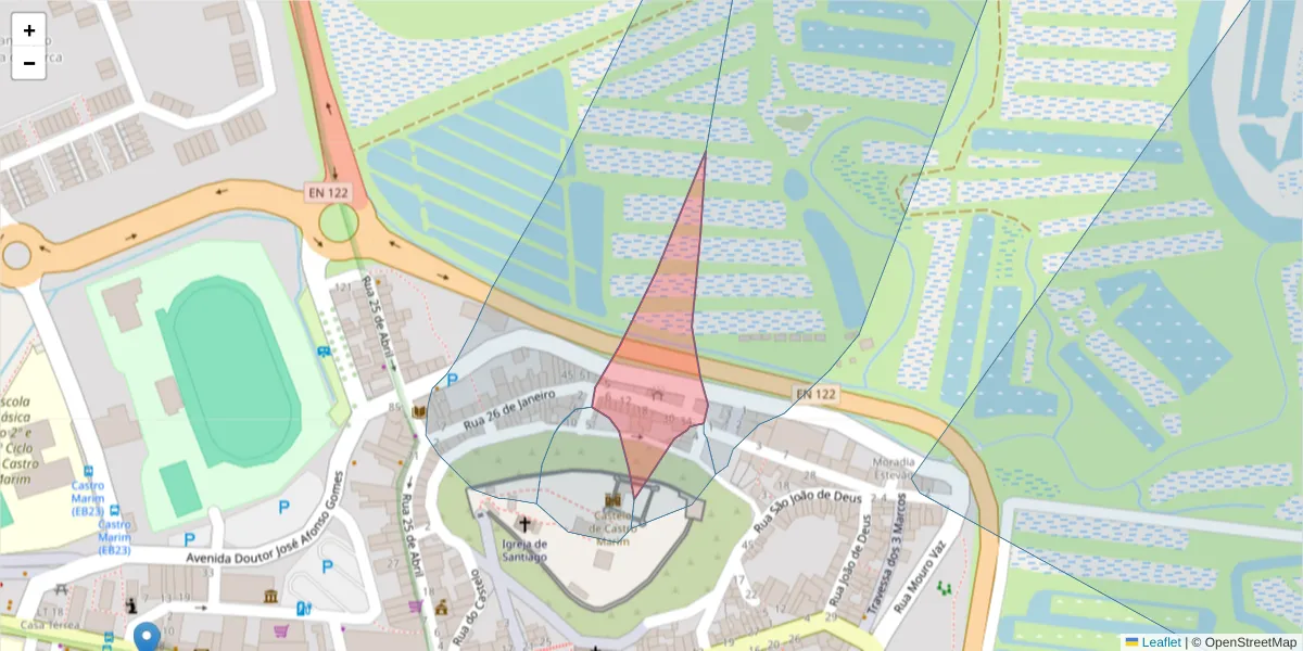 Mapa detalhado do código postal 8950-126 com limites, códigos postais vizinhos e agências dos correios