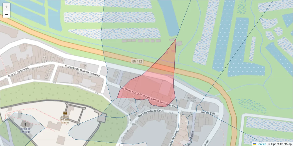 Mapa detalhado do código postal 8950-129 com limites, códigos postais vizinhos e agências dos correios