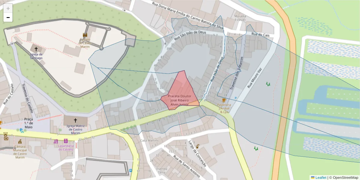 Mapa detalhado do código postal 8950-145 com limites, códigos postais vizinhos e agências dos correios