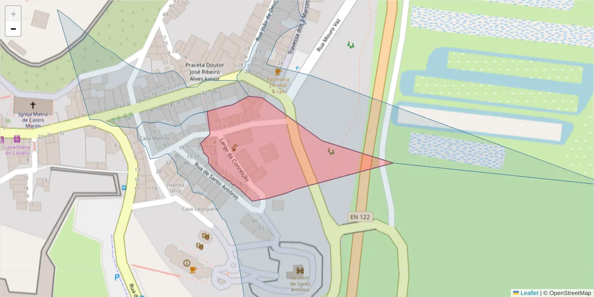 Mapa detalhado do código postal 8950-147 com limites, códigos postais vizinhos e agências dos correios
