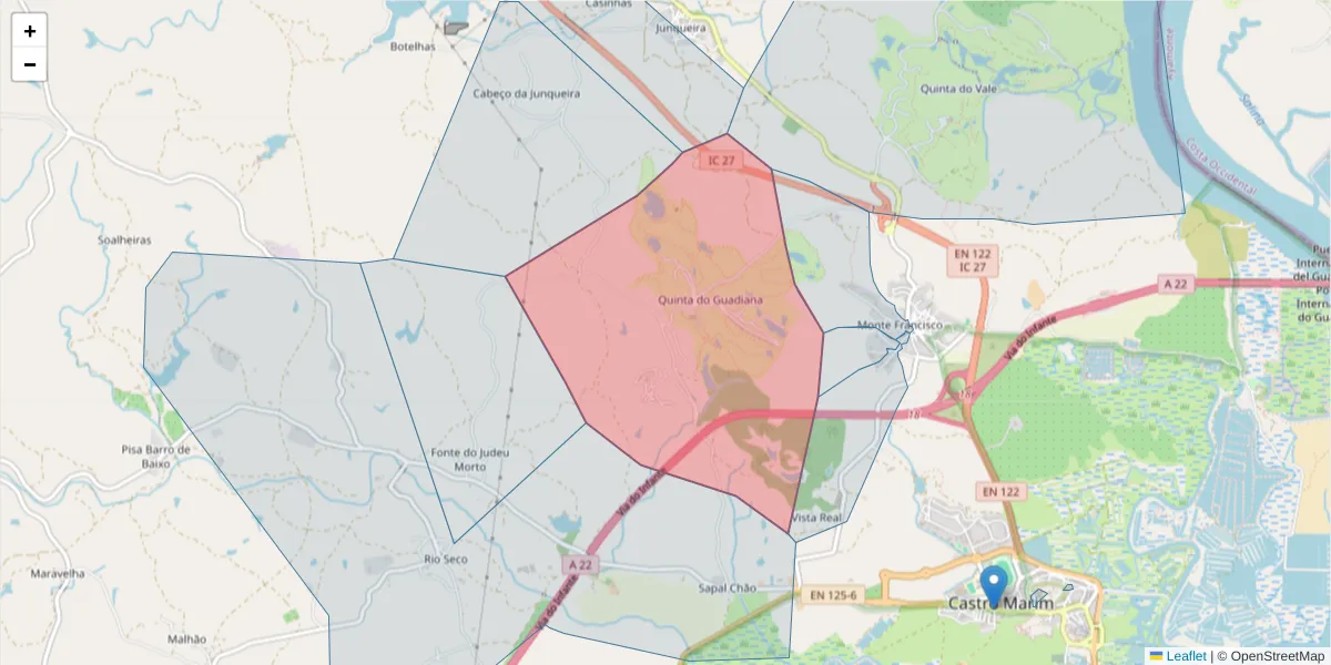 Mapa detalhado do código postal 8950-190 com limites, códigos postais vizinhos e agências dos correios