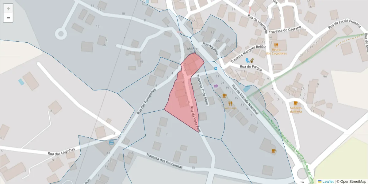 Mapa detalhado do código postal 8950-227 com limites, códigos postais vizinhos e agências dos correios