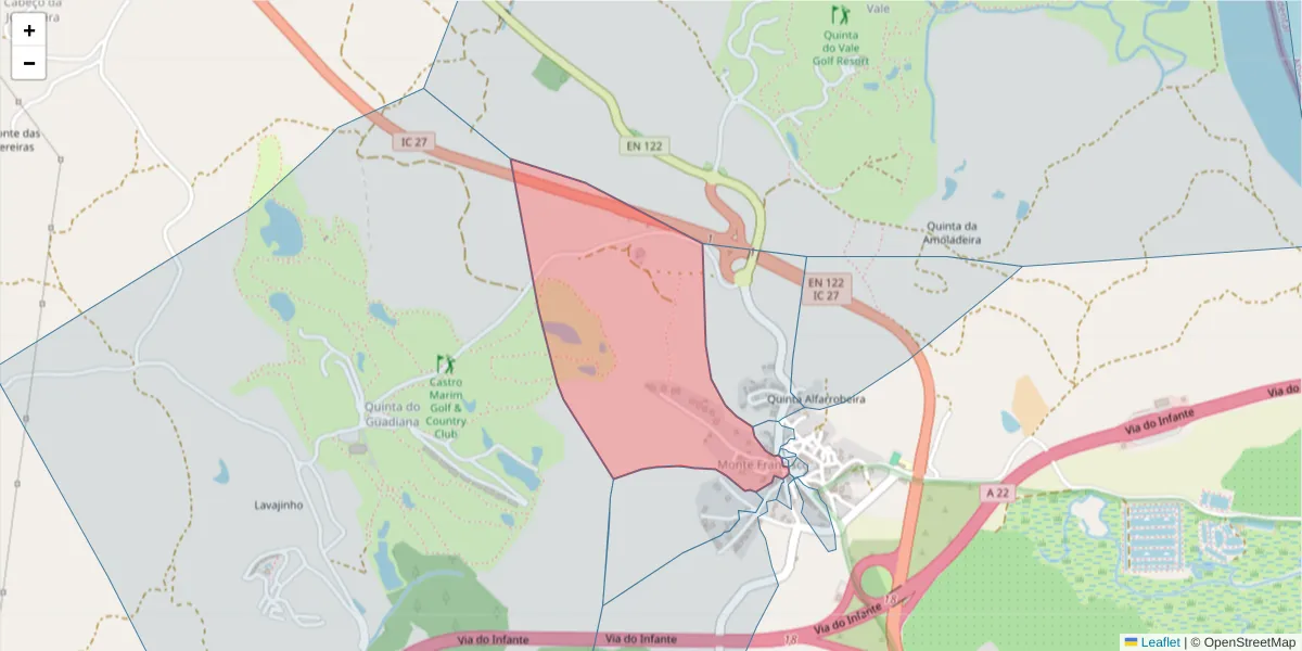 Mapa detalhado do código postal 8950-228 com limites, códigos postais vizinhos e agências dos correios