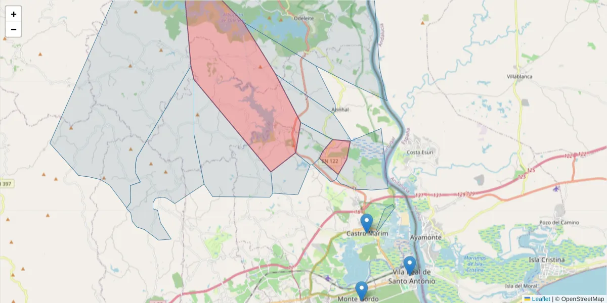 Mapa detalhado do código postal 8950-251 com limites, códigos postais vizinhos e agências dos correios