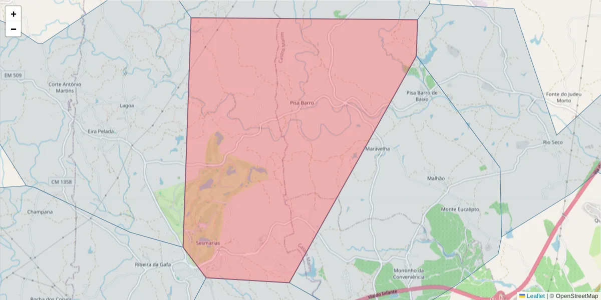 Mapa detalhado do código postal 8950-255 com limites, códigos postais vizinhos e agências dos correios