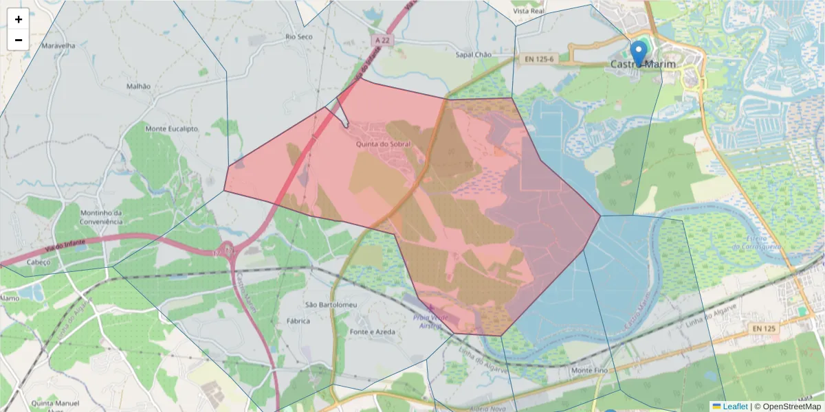 Mapa detalhado do código postal 8950-256 com limites, códigos postais vizinhos e agências dos correios