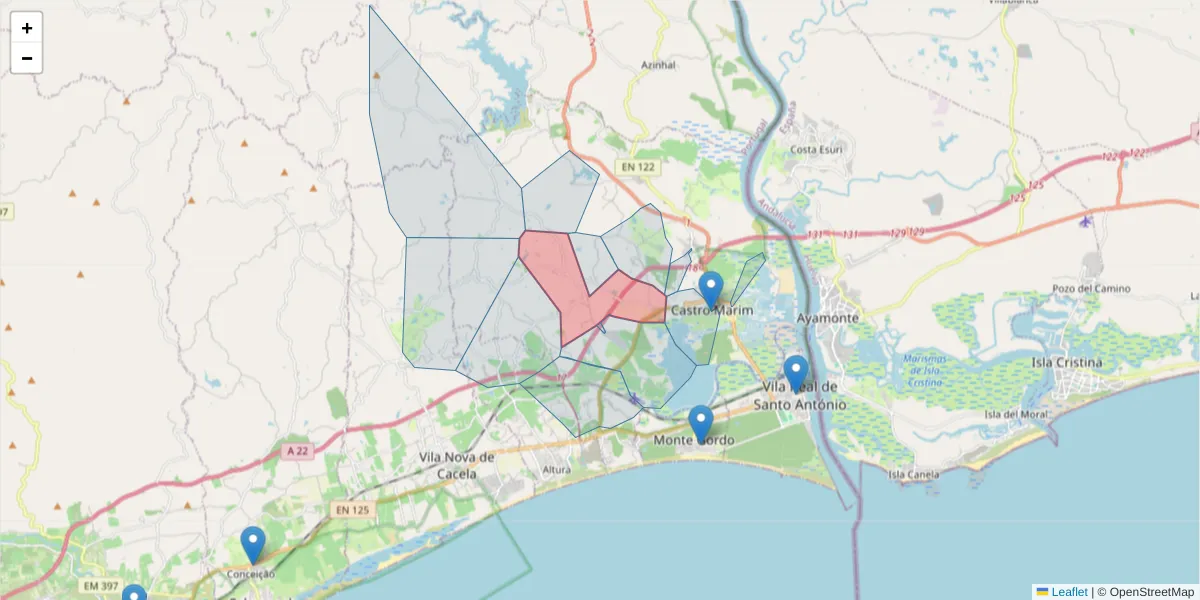 Mapa detalhado do código postal 8950-258 com limites, códigos postais vizinhos e agências dos correios