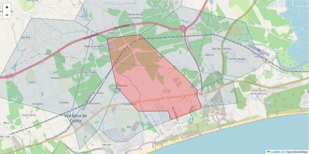 Mapa detalhado do código postal 8950-411 com limites, códigos postais vizinhos e agências dos correios