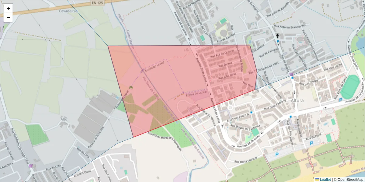 Mapa detalhado do código postal 8950-414 com limites, códigos postais vizinhos e agências dos correios