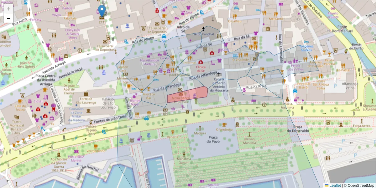 Mapa detalhado do código postal 9000-001 com limites, códigos postais vizinhos e agências dos correios