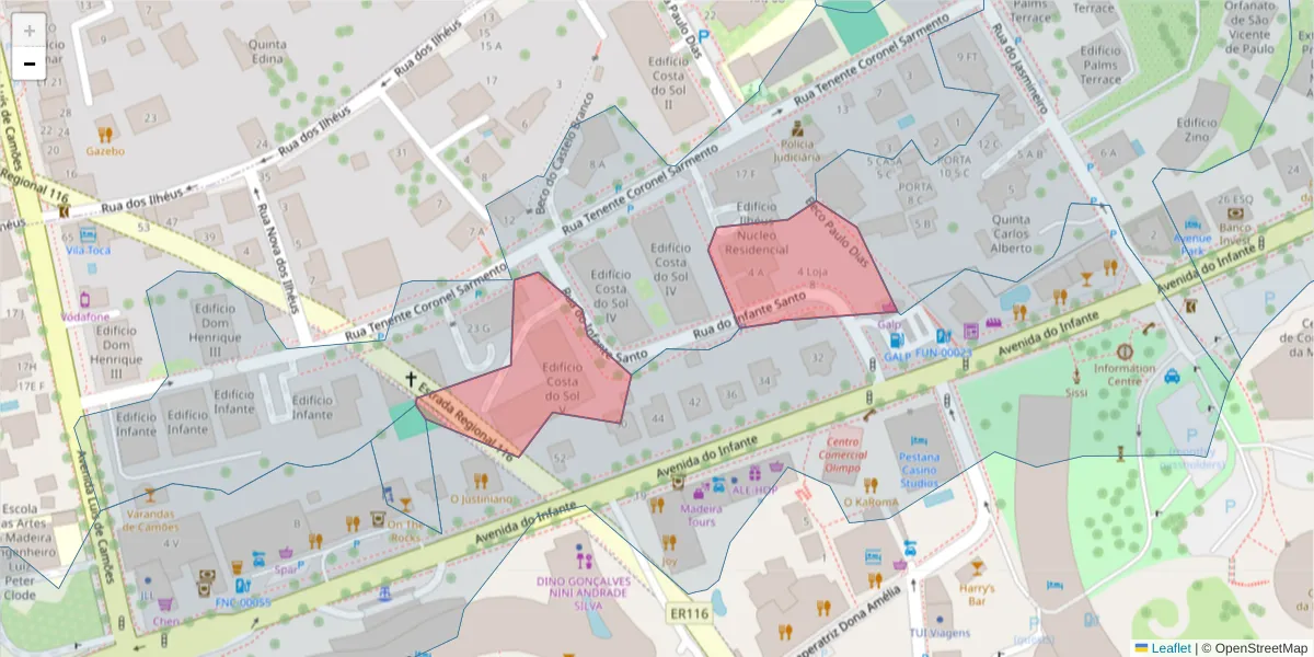 Mapa detalhado do código postal 9000-012 com limites, códigos postais vizinhos e agências dos correios