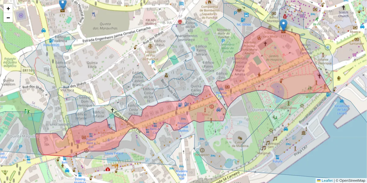 Mapa detalhado do código postal 9000-015 com limites, códigos postais vizinhos e agências dos correios
