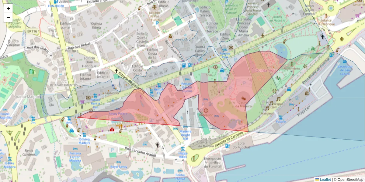 Mapa detalhado do código postal 9000-018 com limites, códigos postais vizinhos e agências dos correios