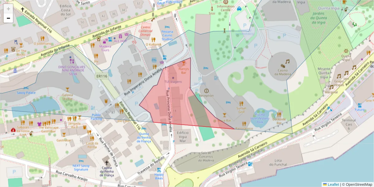 Mapa detalhado do código postal 9000-019 com limites, códigos postais vizinhos e agências dos correios