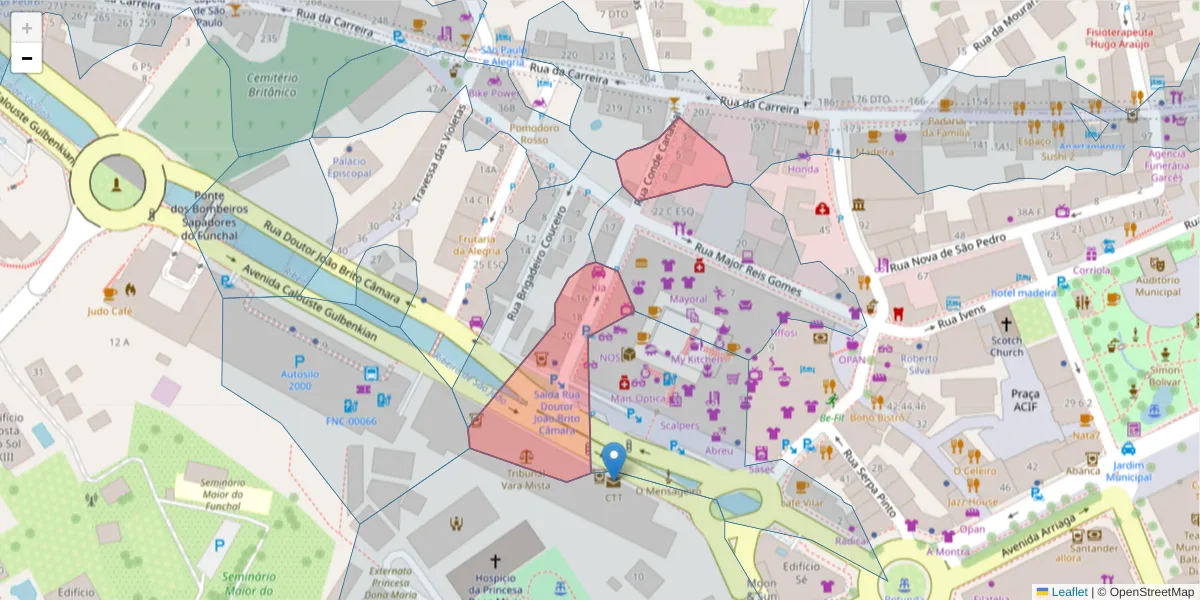 Mapa detalhado do código postal 9000-024 com limites, códigos postais vizinhos e agências dos correios