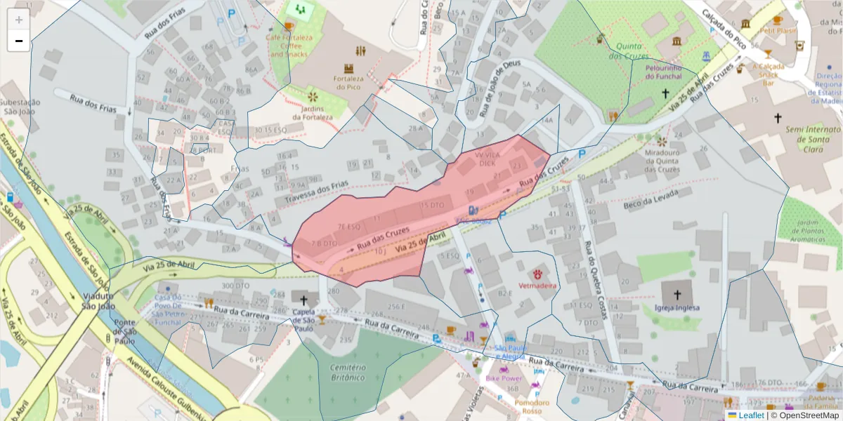 Mapa detalhado do código postal 9000-025 com limites, códigos postais vizinhos e agências dos correios