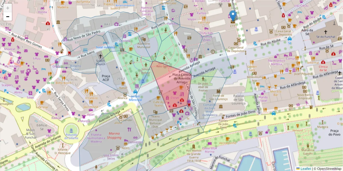 Mapa detalhado do código postal 9000-027 com limites, códigos postais vizinhos e agências dos correios