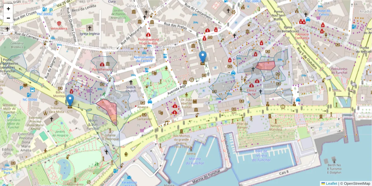 Mapa detalhado do código postal 9000-029 com limites, códigos postais vizinhos e agências dos correios