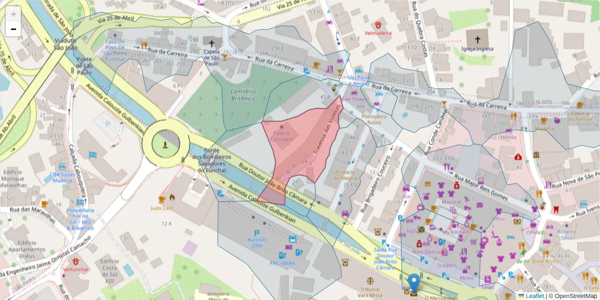Mapa detalhado do código postal 9000-031 com limites, códigos postais vizinhos e agências dos correios