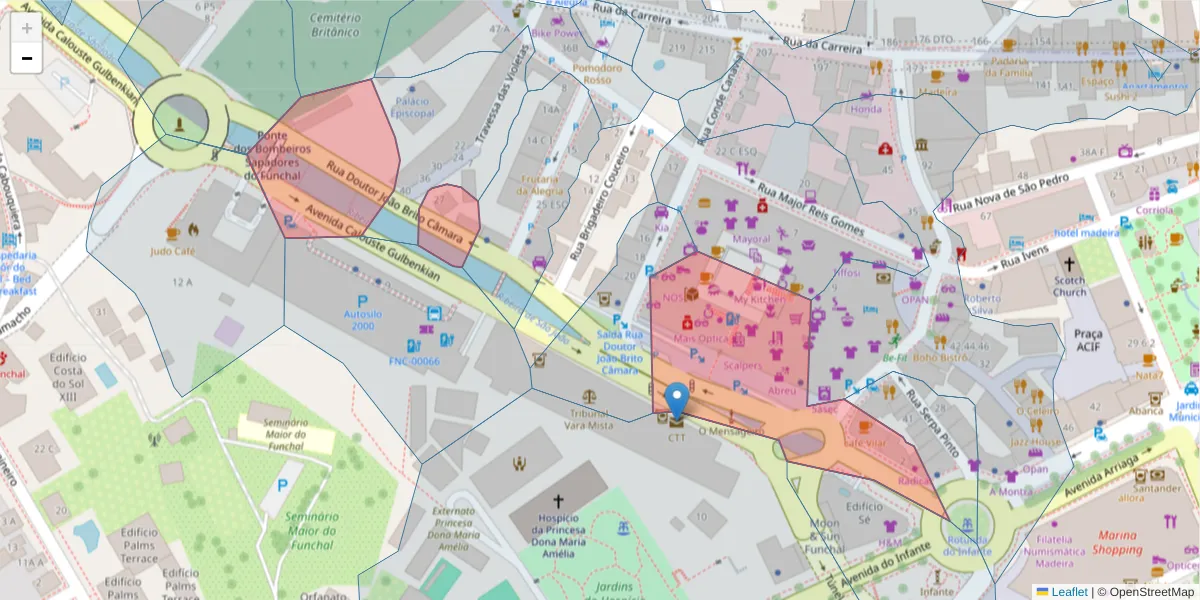 Mapa detalhado do código postal 9000-039 com limites, códigos postais vizinhos e agências dos correios
