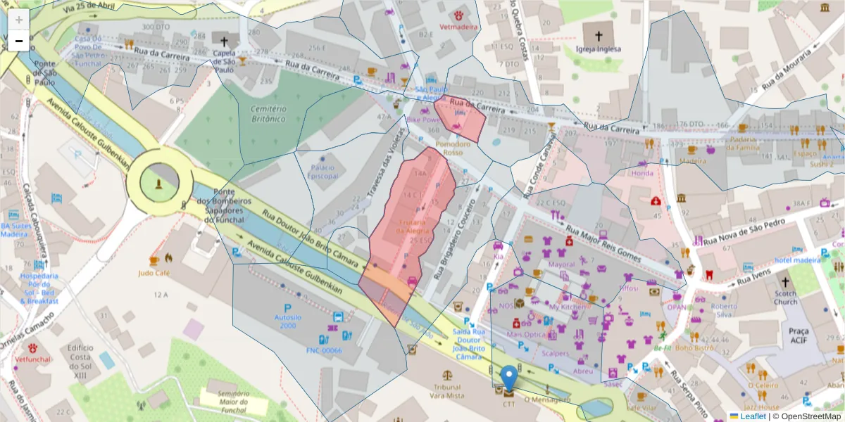 Mapa detalhado do código postal 9000-040 com limites, códigos postais vizinhos e agências dos correios