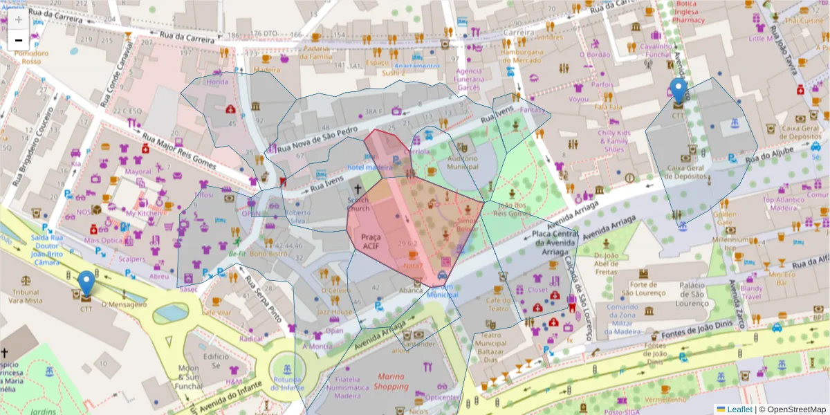 Mapa detalhado do código postal 9000-045 com limites, códigos postais vizinhos e agências dos correios