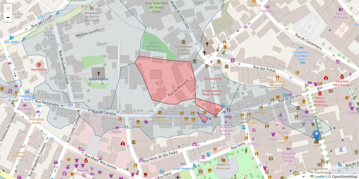 Mapa detalhado do código postal 9000-047 com limites, códigos postais vizinhos e agências dos correios