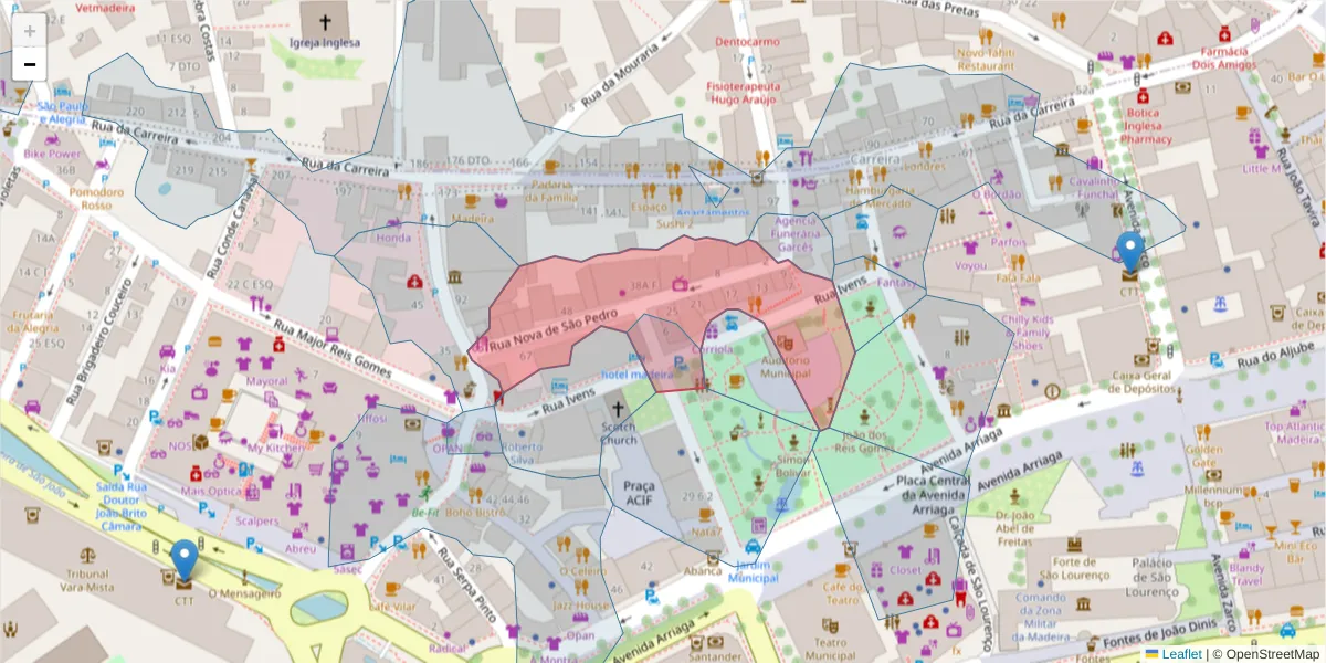 Mapa detalhado do código postal 9000-048 com limites, códigos postais vizinhos e agências dos correios